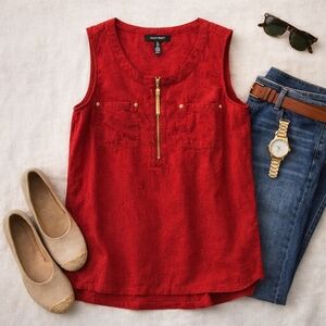 ELLEN TRACY red Sleeveless Linen 1/4 Zip Summer Casual Shirt. Ladies Size Large